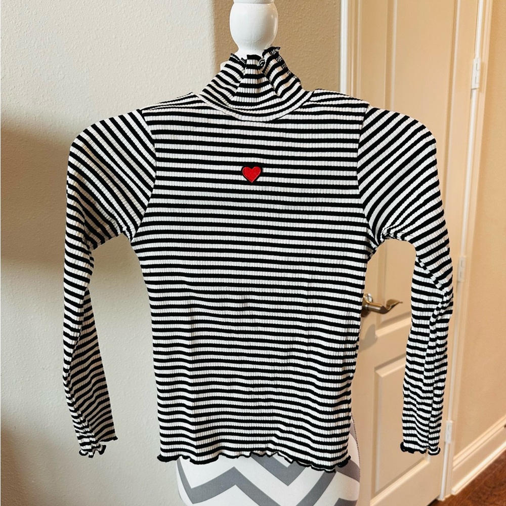 Striped Black and White Kids Top with Heart Detail